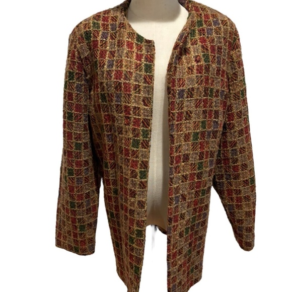 90s TWEED OVERSIZED PLAID TWEED  OPEN FRONT COLLARLESS BLAZER BROWNSTONE STUDI0 - Picture 1 of 7